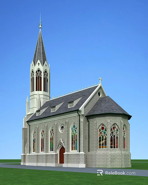 European Architecture Church Building With Spire Stained Glass Windows Stone Walls And Gray Roof 3d model 