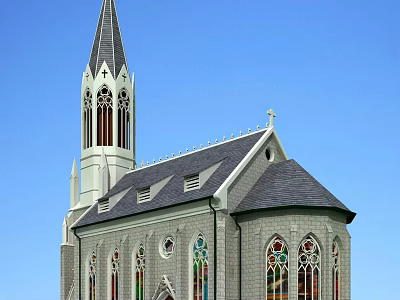 European Architecture Church Building With Spire Stained Glass Windows Stone Walls And Gray Roof 3d model
