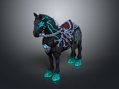 Black Horse With Blue Glowing Decorations Intricate Saddle Patterns And Glowing Hooves 3d model
