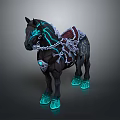 Black Horse With Blue Glowing Decorations Intricate Saddle Patterns And Glowing Hooves