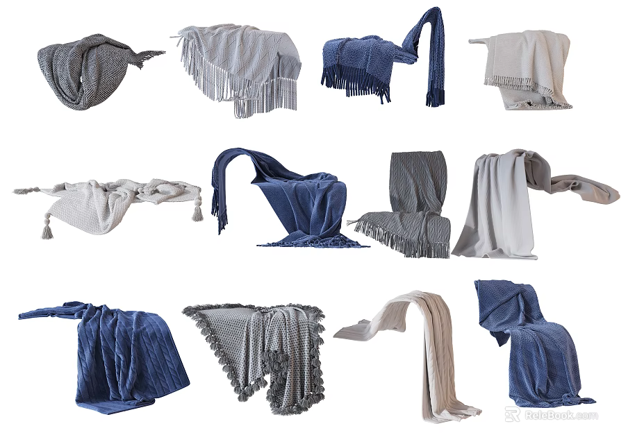 Various Colorful Throw Blankets With Fringe And Folded Styles In Gray Blue Beige 3d model 