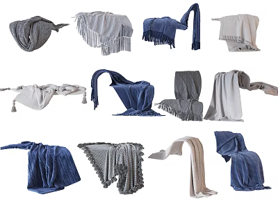 Various Colorful Throw Blankets With Fringe And Folded Styles In Gray Blue Beige 3d model