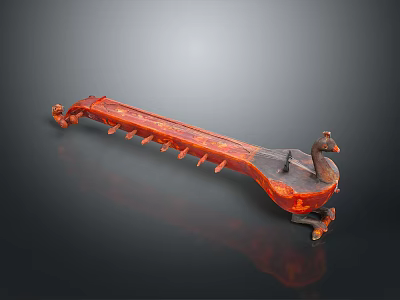 Ancient Red Stringed Musical Instrument With Traditional Handcrafted Goose Head Design 3d model
