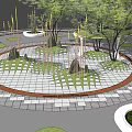 Modern Circular Square Landscape With Trees Grid Paving Decorative Rocks And White Installations 3d model