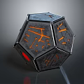 Modern Decorative Polyhedral Furniture Featuring Metallic Texture Gray Black Tones Orange Lines And Red Circle