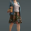 Woman In Blue Denim Jacket Pink Top Floral Skirt With Brown Handbag In Various Poses