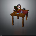 Vintage Wooden Table Setup with Green Book Red Cloth Bottles Mortar and Fruits
