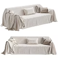 Beige Sofa With Slipcover Decorative Pillows And Knitted Blanket For Cozy Living Room