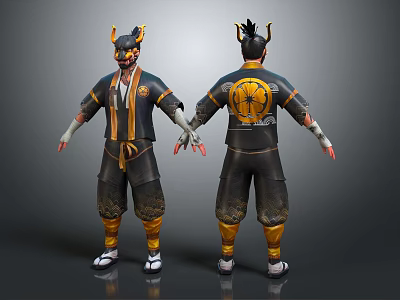 Character With Animal Horn Headpiece In Black Yellow Traditional Outfit And Emblem Design 3d model