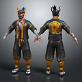 Character With Animal Horn Headpiece In Black Yellow Traditional Outfit And Emblem Design