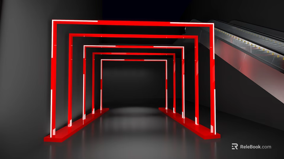 Red Event Entrance With Multiple Frames White Lines And Black Background Near Escalator 3d model 