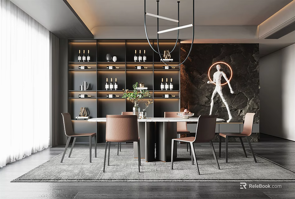 Contemporary Restaurant Interior With Round Dining Table Leather Chairs Modern Pendant Light And Marble Wall Art Sculpture 3d model 