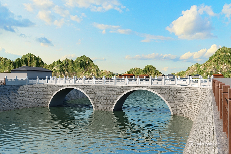 Stone Arch Bridge With White Railings Over Calm Water Under Blue Sky And Green Hills 3d model 