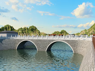 Stone Arch Bridge With White Railings Over Calm Water Under Blue Sky And Green Hills 3d model