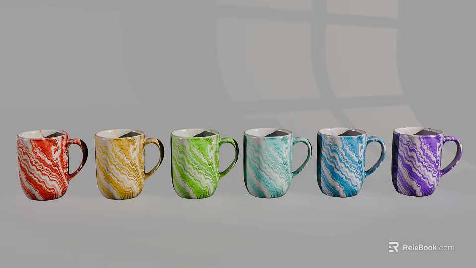 Colorful Marble Pattern Mugs Arranged in Row with Gray Background and Geometric Shadow 3d model 