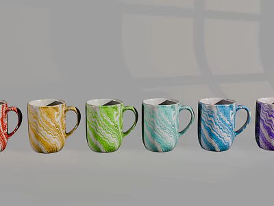 Colorful Marble Pattern Mugs Arranged in Row with Gray Background and Geometric Shadow 3d model