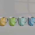 Colorful Marble Pattern Mugs Arranged in Row with Gray Background and Geometric Shadow
