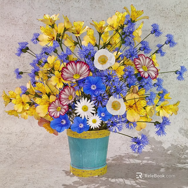 Decorative Ornament Set with Colorful Flowers in Blue Vase and Light Background Wall 3d model 