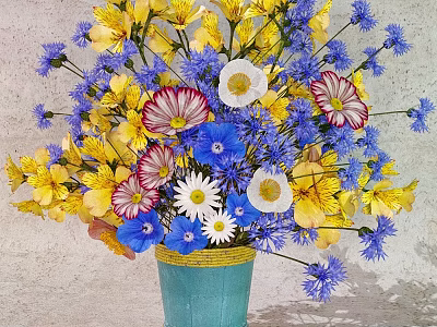Decorative Ornament Set with Colorful Flowers in Blue Vase and Light Background Wall 3d model