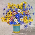 Decorative Ornament Set with Colorful Flowers in Blue Vase and Light Background Wall