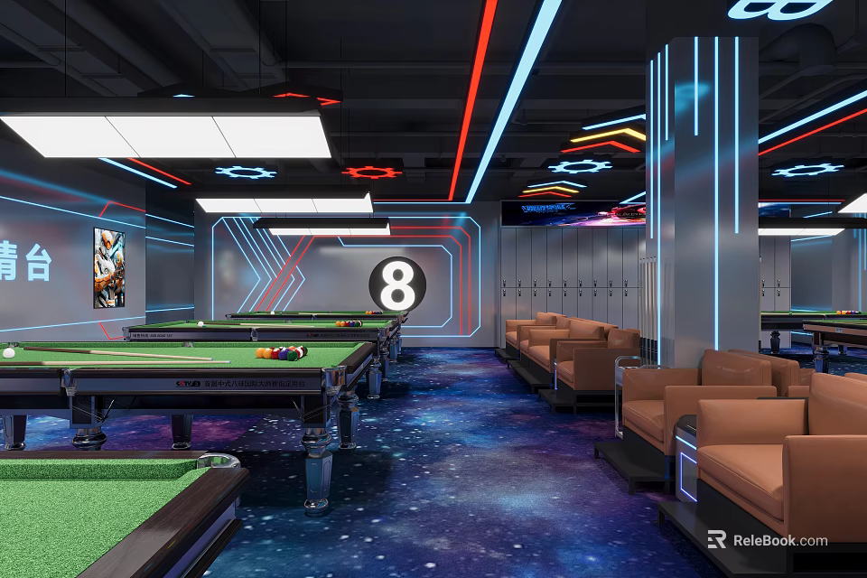 Modern Billiard Room With Pool Tables Neon Lights And Sofas 3d model 