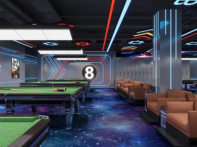 Modern Billiard Room With Pool Tables Neon Lights And Sofas 3d model