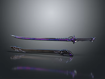 Fantasy Metallic Sword With Purple Blue Sheen Intricate Scabbard And Decorative Patterns 3d model
