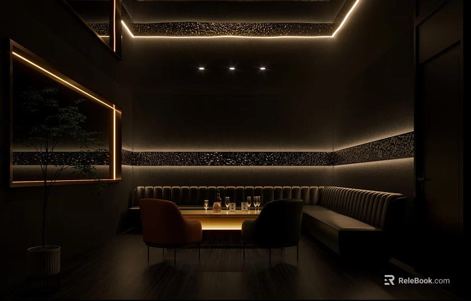 Modern Bar Interior With Ambient Lighting Leather Sofas And Patterned Wall Panels 3d model 
