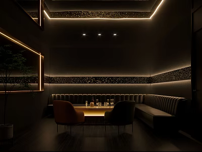 Modern Bar Interior With Ambient Lighting Leather Sofas And Patterned Wall Panels 3d model