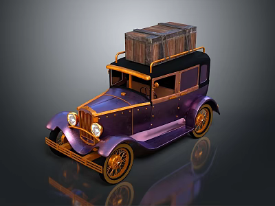 Classic Vintage Purple and Gold Car with Retro Design and Wooden Crate on Roof 3d model