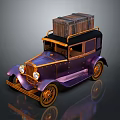 Classic Vintage Purple and Gold Car with Retro Design and Wooden Crate on Roof