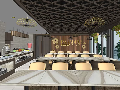 Elegant Hot Pot Restaurant Interior With Modern Design Marble Dining Tables And Chandelier Lighting 3d model