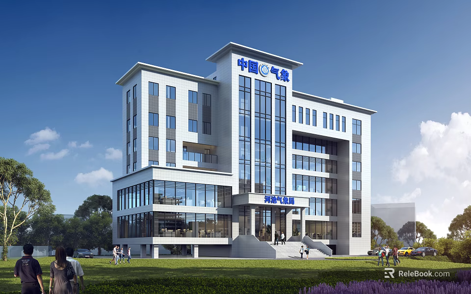 China Guangqi Modern Office Building With Glass Curtain Walls Green Lawn And Blue Sky Background 3d model 