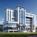 China Guangqi Modern Office Building With Glass Curtain Walls Green Lawn And Blue Sky Background