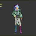 Futuristic Character With Blue Purple Hair Cat Ears And Tail Wearing Modern Jacket Pants