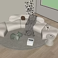 Cozy Beige Sectional Sofa in Living Room with Round Rug Throw Blanket and Plush Toys