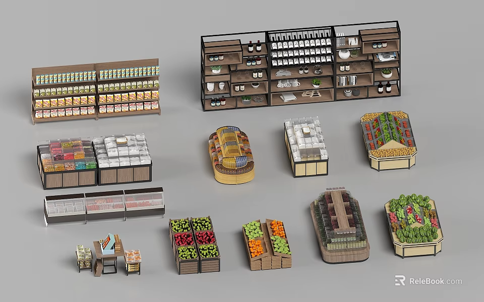 Various Showcase Shelves for Supermarket Displaying Fruits Vegetables Canned Goods and Bottles 3d model 