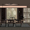 Traditional Chinese Tea Room With Floral Mural Shoji Screens And Wooden Furniture