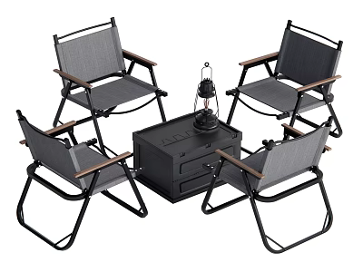 Gray Folding Fabric Chairs With Wooden Armrests Black Frame Table Set With Drawer And Lantern 3d model