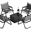 Gray Folding Fabric Chairs With Wooden Armrests Black Frame Table Set With Drawer And Lantern