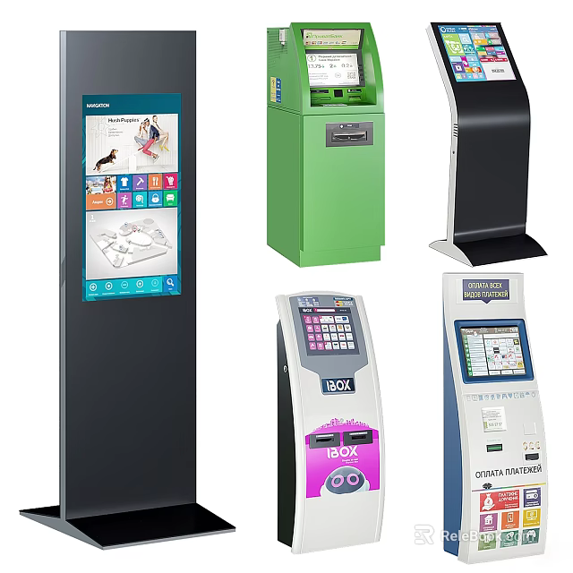 Public Self-service Kiosks in Various Designs with Colorful Exteriors and Functional Touch Screens 3d model 