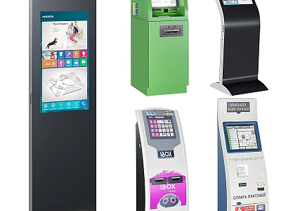 Public Self-service Kiosks in Various Designs with Colorful Exteriors and Functional Touch Screens 3d model