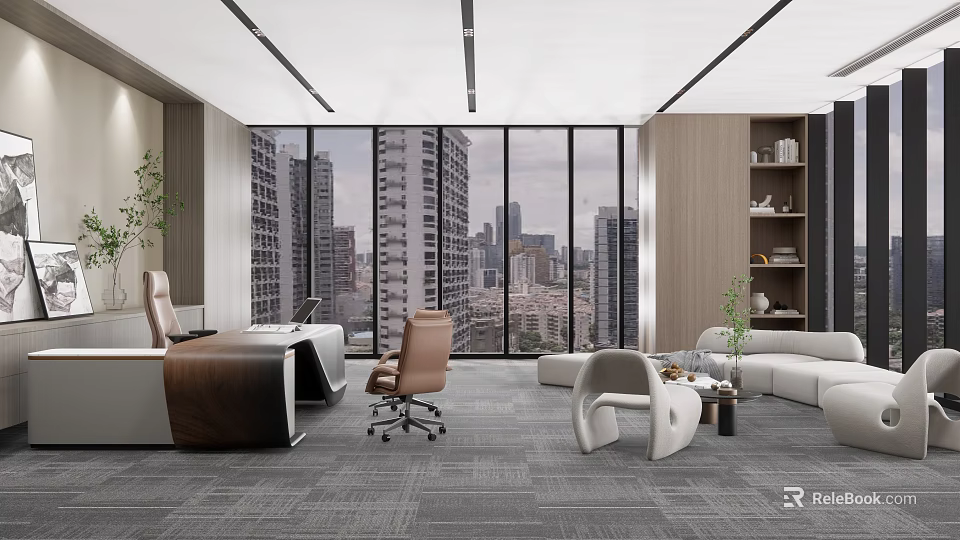 Modern Office Interior Design With Large Windows City View Office Desk And Comfortable Sofa 3d model