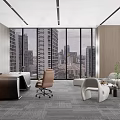 Modern Office Interior Design With Large Windows City View Office Desk And Comfortable Sofa 3d model