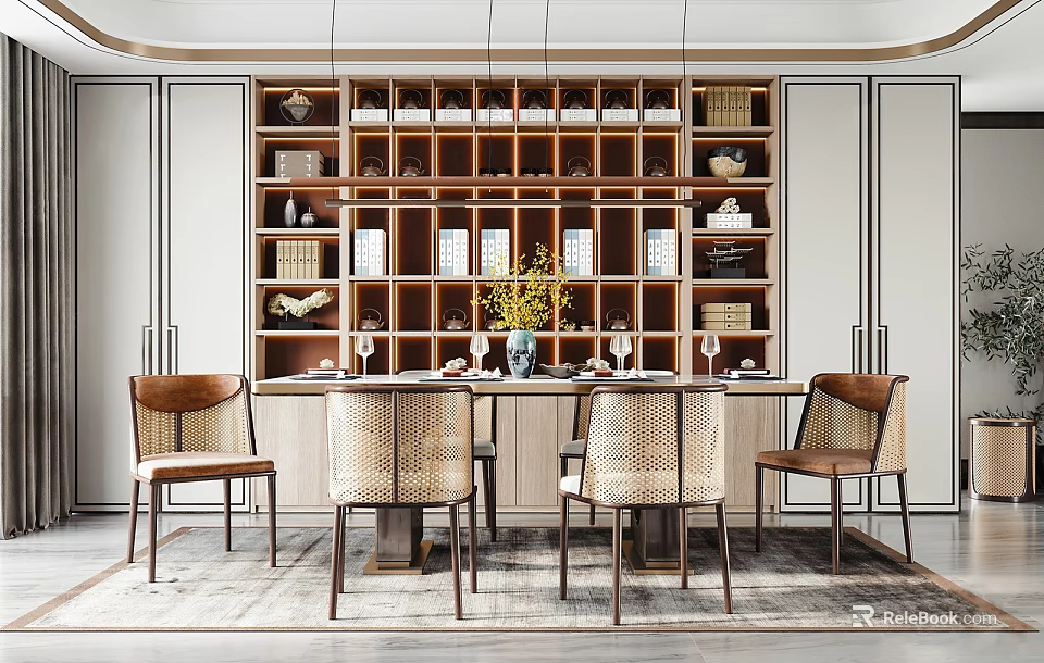 Elegant Modern Restaurant Interior With Velvet Dining Chairs Marble Table And Hanging Lights 3d model 