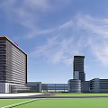 Modern Hospital Building Complex Featuring Glass Facade Red Signage And High Rise