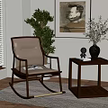 Comfortable Brown Rocking Chair with Wooden Frame Fabric Cushion Near Side Table and Green Plant