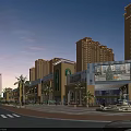 Vibrant Commercial Street With High Rise Buildings Pedestrians Shops And Fountain