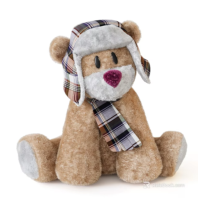 Cute Brown Teddy Bear In Plaid Hat And Scarf With Purple Nose 3d model 