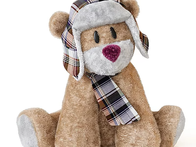 Cute Brown Teddy Bear In Plaid Hat And Scarf With Purple Nose 3d model